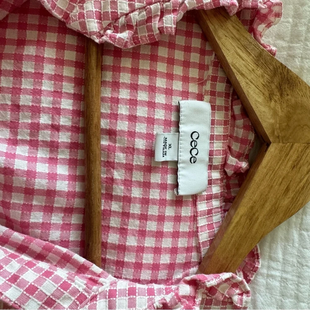 CeCe Cotton Pink and White Gingham Ruffle Blouse Puff Sleeve - Picture 3 of 8
